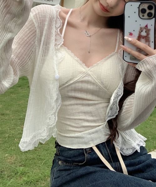 yuue' ( wear )(ユーイ)の「フリルレース付きシアーリブカーディガン/冷房対策 UVカット(カーディガン/ボレロ・レディース・ホワイト/ブラック/ブルー/アイボリー・FREE)」の9枚目の写真
