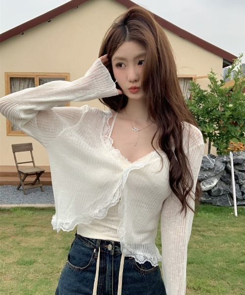 yuue' ( wear )(ユーイ)の「フリルレース付きシアーリブカーディガン/冷房対策 UVカット(カーディガン/ボレロ・レディース・ホワイト/ブラック/ブルー/アイボリー・FREE)」の8枚目の写真