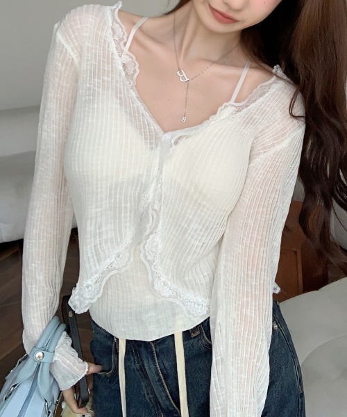 yuue' ( wear )(ユーイ)の「フリルレース付きシアーリブカーディガン/冷房対策 UVカット(カーディガン/ボレロ・レディース・ホワイト/ブラック/ブルー/アイボリー・FREE)」の13枚目の写真
