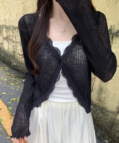 yuue' ( wear )(ユーイ)の「フリルレース付きシアーリブカーディガン/冷房対策 UVカット(カーディガン/ボレロ・レディース・ホワイト/ブラック/ブルー/アイボリー・FREE)」の19枚目の写真