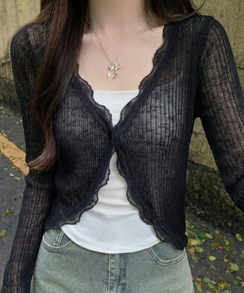 yuue' ( wear )(ユーイ)の「フリルレース付きシアーリブカーディガン/冷房対策 UVカット(カーディガン/ボレロ・レディース・ホワイト/ブラック/ブルー/アイボリー・FREE)」の20枚目の写真