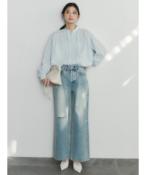 anuans(アニュアンス)の「ダメージワイドデニム(デニムパンツ・レディース・ベージュ/ホワイト/ライトブルー・0/2/1)」の5枚目の写真