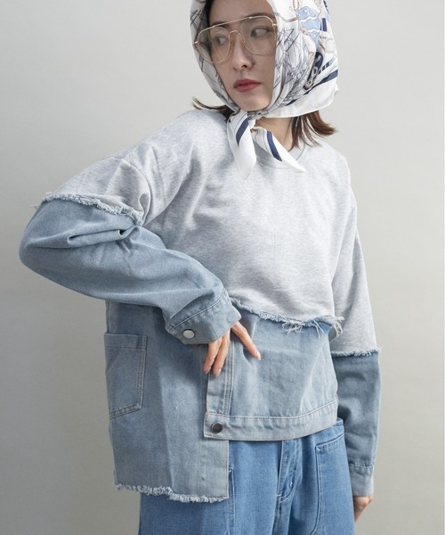 lodie(ロディ)の「デニム×スウェット デザインプルオーバー(その他トップス・レディース・グレー/ブラック/オフホワイト・FREE)」の3枚目の写真