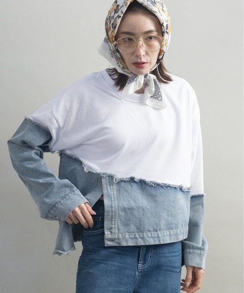 lodie(ロディ)の「デニム×スウェット デザインプルオーバー(その他トップス・レディース・グレー/ブラック/オフホワイト・FREE)」の2枚目の写真