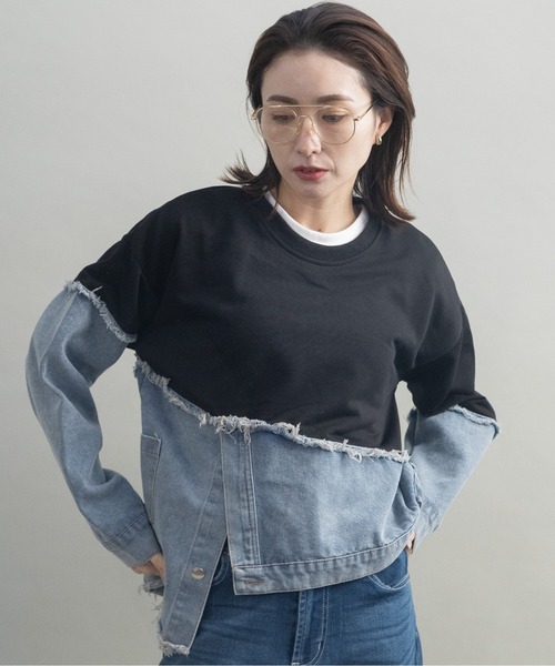 lodie(ロディ)の「デニム×スウェット デザインプルオーバー(その他トップス・レディース・グレー/ブラック/オフホワイト・FREE)」の1枚目の写真