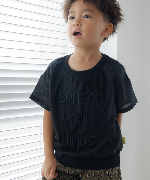 MAKE YOUR DAY(メイクユアデイ)の「ぽっこりロゴ刺繍シアー半袖Tシャツ■80~140cm(Tシャツ/カットソー・キッズ・グレー/ブラック・140/100/120/110/130/80/90)」の1枚目の写真
