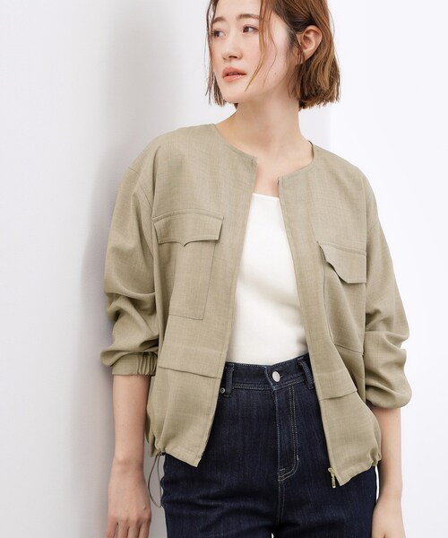 grove(グローブ)の「【貴島明日香さん着用・洗える】麻調ノーカラーブルゾン(ブルゾン・レディース・オリーブ/スミクロ/ナチュラル・02/03/01/04/05)」の1枚目の写真