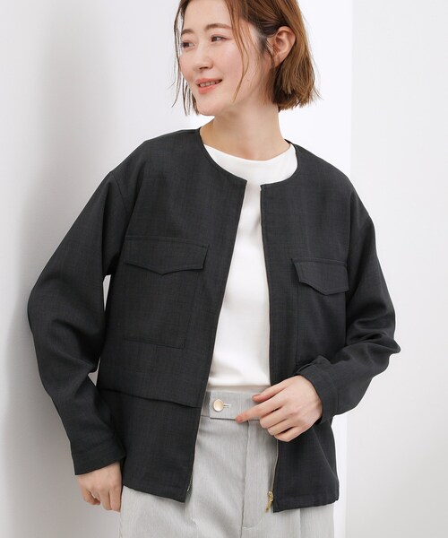 grove(グローブ)の「【貴島明日香さん着用・洗える】麻調ノーカラーブルゾン(ブルゾン・レディース・オリーブ/スミクロ/ナチュラル・02/03/01/04/05)」の2枚目の写真