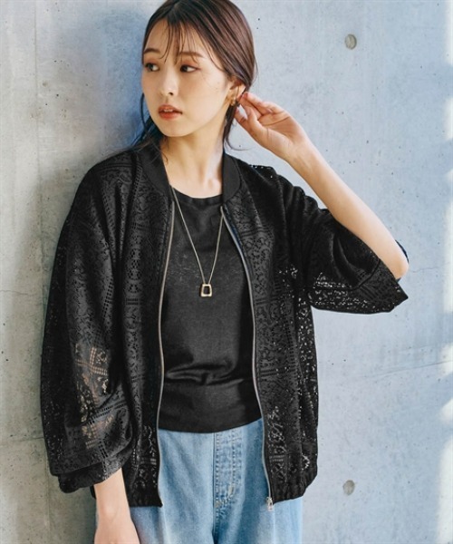 nissen（ニッセン）の「総レースブルゾン（カバーオール・レディース・ブラック/オフホワイト・LL/L/M/S）」の2枚目の写真