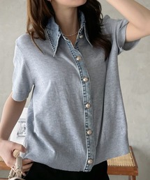 【Eclat one】異素材ドッキング デニムカラー ニット トップス