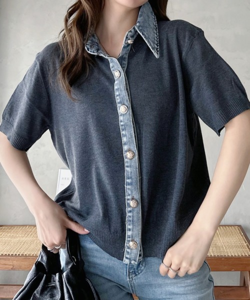 Eclat one(エクラワン)の「【Eclat one】異素材ドッキング デニムカラー ニット トップス(ニット/セーター・レディース・チャコール/ベージュ/グレー・FREE)」の3枚目の写真