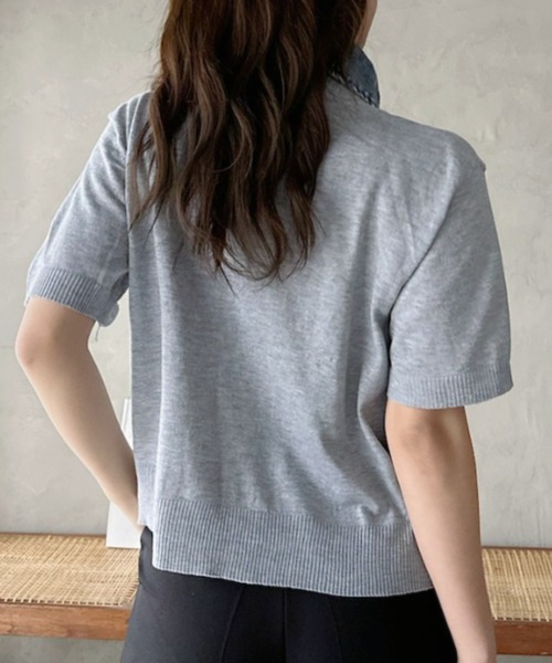 Eclat one(エクラワン)の「【Eclat one】異素材ドッキング デニムカラー ニット トップス(ニット/セーター・レディース・チャコール/ベージュ/グレー・FREE)」の6枚目の写真