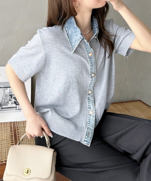 Eclat one(エクラワン)の「【Eclat one】異素材ドッキング デニムカラー ニット トップス(ニット/セーター・レディース・チャコール/ベージュ/グレー・FREE)」の4枚目の写真