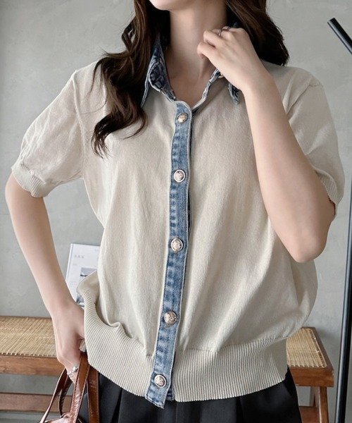 Eclat one(エクラワン)の「【Eclat one】異素材ドッキング デニムカラー ニット トップス(ニット/セーター・レディース・チャコール/ベージュ/グレー・FREE)」の19枚目の写真