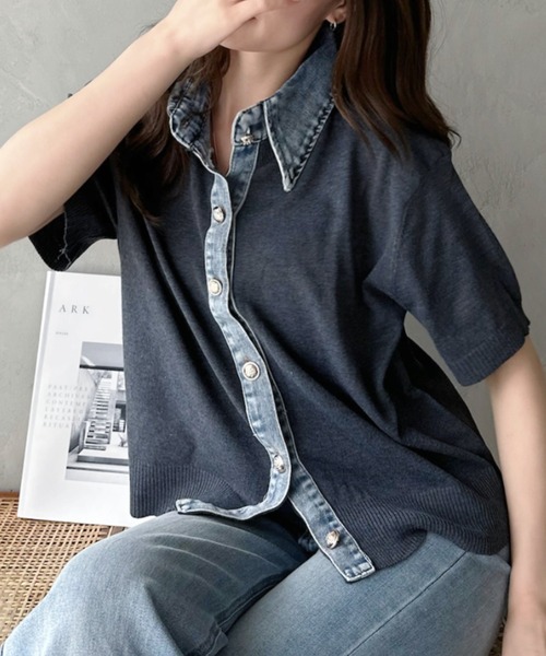 Eclat one(エクラワン)の「【Eclat one】異素材ドッキング デニムカラー ニット トップス(ニット/セーター・レディース・チャコール/ベージュ/グレー・FREE)」の13枚目の写真