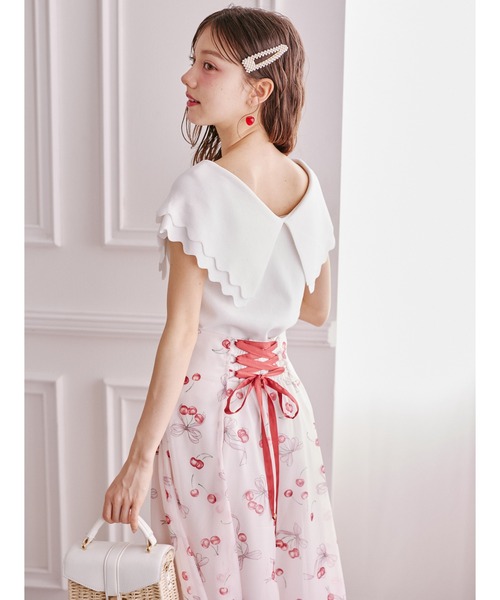 tocco closet(トッコ クローゼット)の「バックレースアップチェリー×リボンプリントシアーフレアスカート(スカート・レディース・レッド/ネイビー・M)」の9枚目の写真