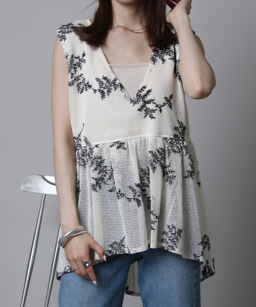 NYLAUS(ナイラス)の「【SG】ボタニカル刺繍メッシュペプラムベスト(ベスト・レディース・アイボリー/ブラック・M)」の6枚目の写真