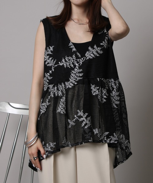 NYLAUS(ナイラス)の「【SG】ボタニカル刺繍メッシュペプラムベスト(ベスト・レディース・アイボリー/ブラック・M)」の17枚目の写真