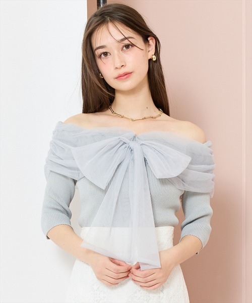 WILLSELECTION（ウィルセレクション）の「リボンチュールレイヤードリブニット（ニット/セーター・レディース・ブラック/サックスブルー/オフホワイト/イエロー・FREE）」の3枚目の写真