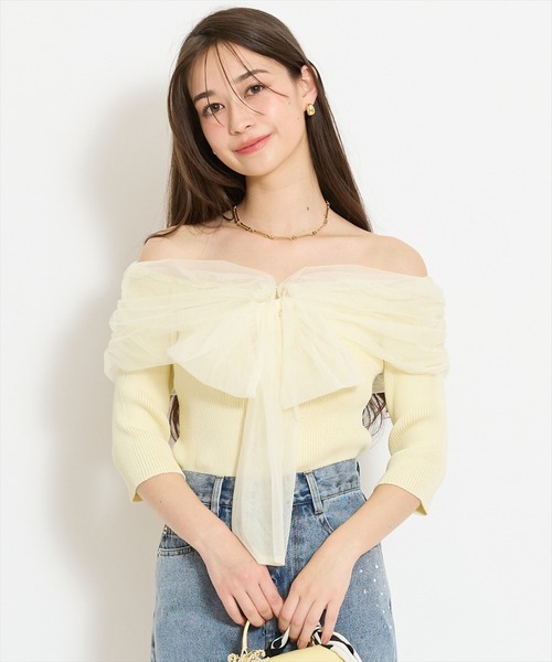 WILLSELECTION（ウィルセレクション）の「リボンチュールレイヤードリブニット（ニット/セーター・レディース・ブラック/サックスブルー/オフホワイト/イエロー・FREE）」の4枚目の写真