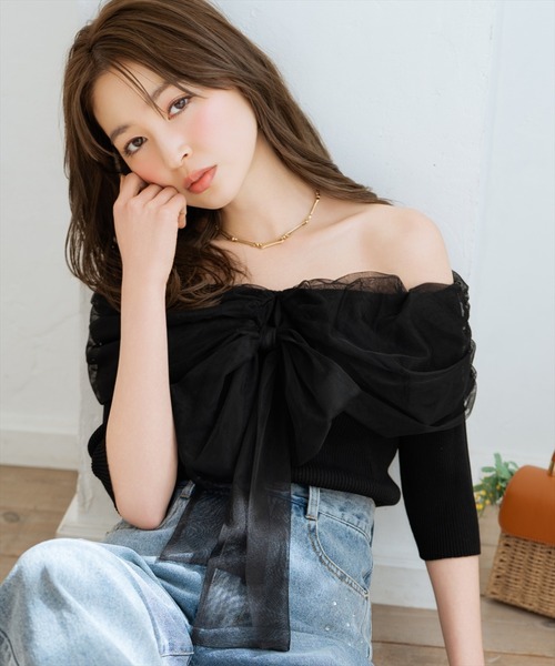 WILLSELECTION（ウィルセレクション）の「リボンチュールレイヤードリブニット（ニット/セーター・レディース・ブラック/サックスブルー/オフホワイト/イエロー・FREE）」の2枚目の写真