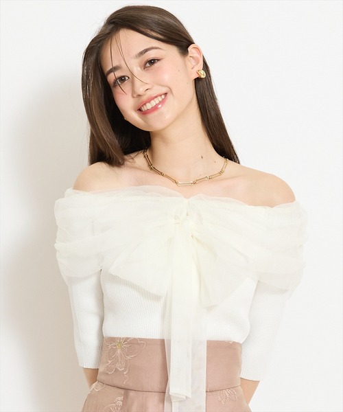 WILLSELECTION（ウィルセレクション）の「リボンチュールレイヤードリブニット（ニット/セーター・レディース・ブラック/サックスブルー/オフホワイト/イエロー・FREE）」の5枚目の写真