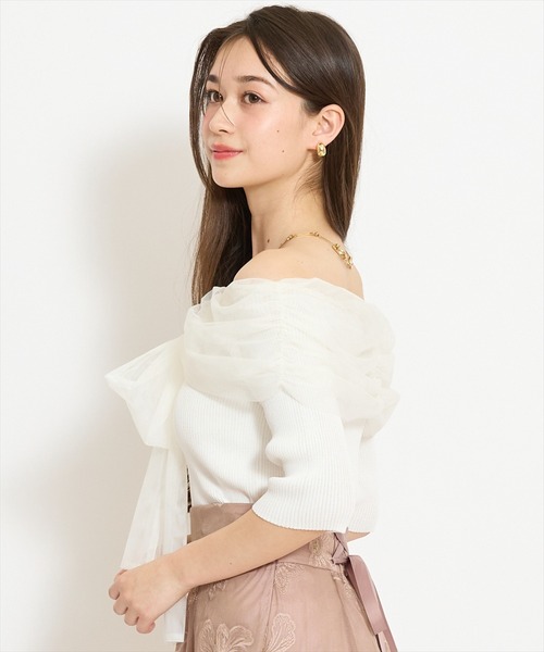 WILLSELECTION（ウィルセレクション）の「リボンチュールレイヤードリブニット（ニット/セーター・レディース・ブラック/サックスブルー/オフホワイト/イエロー・FREE）」の6枚目の写真