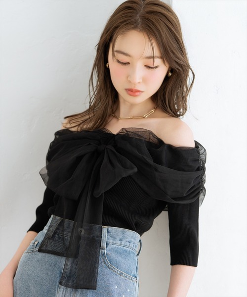 WILLSELECTION（ウィルセレクション）の「リボンチュールレイヤードリブニット（ニット/セーター・レディース・ブラック/サックスブルー/オフホワイト/イエロー・FREE）」の14枚目の写真