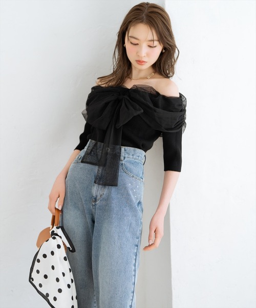 WILLSELECTION（ウィルセレクション）の「リボンチュールレイヤードリブニット（ニット/セーター・レディース・ブラック/サックスブルー/オフホワイト/イエロー・FREE）」の16枚目の写真