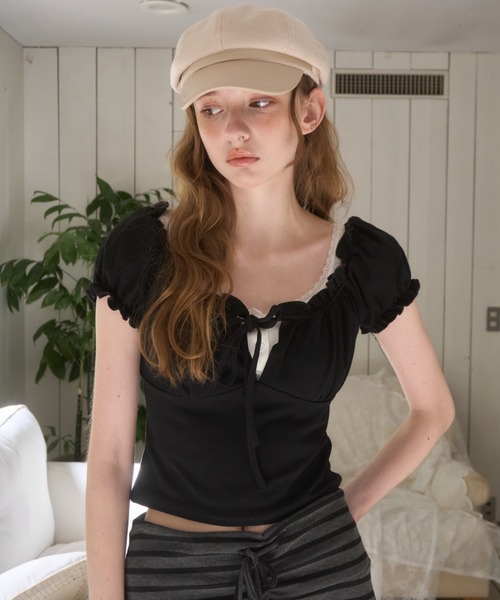 Birthday room（バースデイルーム）の「パフスリーブギャザーTOPS/Puff Sleeve Gathered Tops（Tシャツ/カットソー・レディース・グレー/ブラック/ホワイト/ネイビー・FREE）」の2枚目の写真