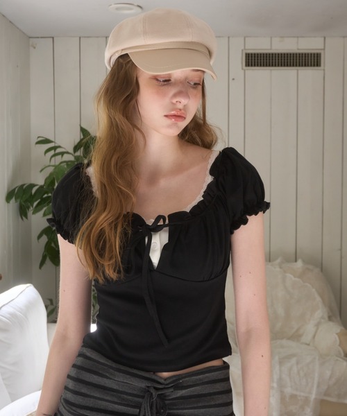 Birthday room（バースデイルーム）の「パフスリーブギャザーTOPS/Puff Sleeve Gathered Tops（Tシャツ/カットソー・レディース・グレー/ブラック/ホワイト/ネイビー・FREE）」の12枚目の写真