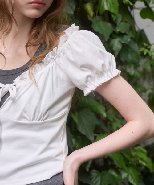Birthday room（バースデイルーム）の「パフスリーブギャザーTOPS/Puff Sleeve Gathered Tops（Tシャツ/カットソー・レディース・グレー/ブラック/ホワイト/ネイビー・FREE）」の5枚目の写真