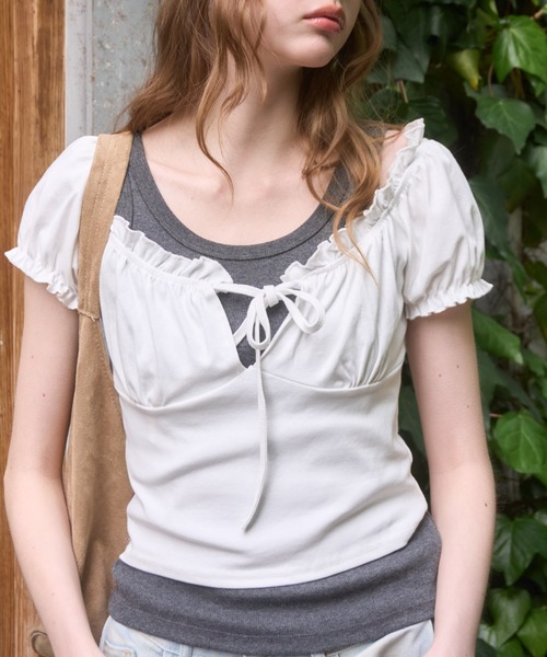 Birthday room（バースデイルーム）の「パフスリーブギャザーTOPS/Puff Sleeve Gathered Tops（Tシャツ/カットソー・レディース・グレー/ブラック/ホワイト/ネイビー・FREE）」の7枚目の写真