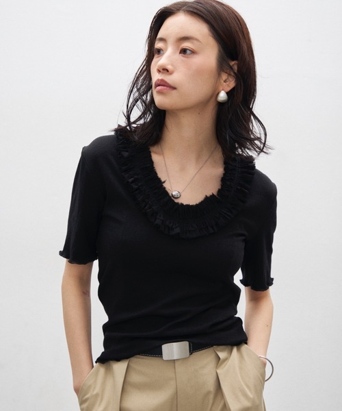 Lutim by u(ルチバイユー)の「2wayフリルオープンミドルスリーブトップス(Tシャツ/カットソー・レディース・ミント/ブラック/ブラック×ホワイト・FREE)」の2枚目の写真