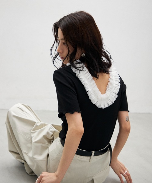 Lutim by u(ルチバイユー)の「2wayフリルオープンミドルスリーブトップス(Tシャツ/カットソー・レディース・ミント/ブラック/ブラック×ホワイト・FREE)」の5枚目の写真