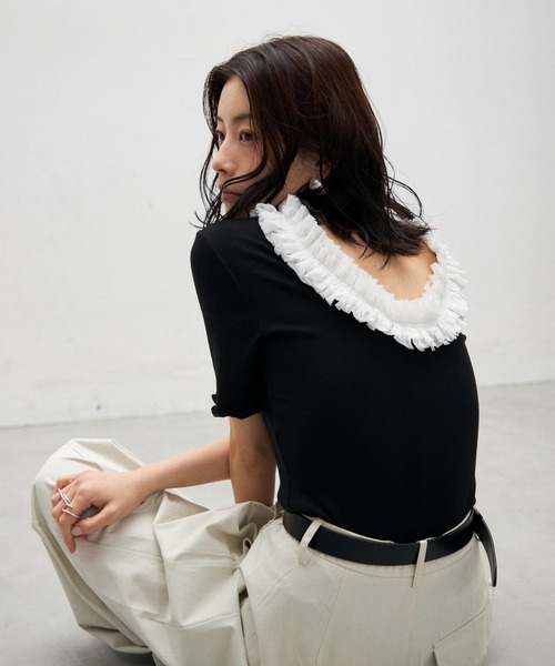 Lutim by u(ルチバイユー)の「2wayフリルオープンミドルスリーブトップス(Tシャツ/カットソー・レディース・ミント/ブラック/ブラック×ホワイト・FREE)」の4枚目の写真