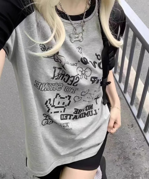 MAISON DE THERESE(メゾン ド テレーズ)の「猫 キャット 韓国 古着風 Y2K ストリート ロゴ グラフィック ルーズ ラグラン 半袖 Tシャツ(Tシャツ/カットソー・レディース・GRAY・M)」の1枚目の写真