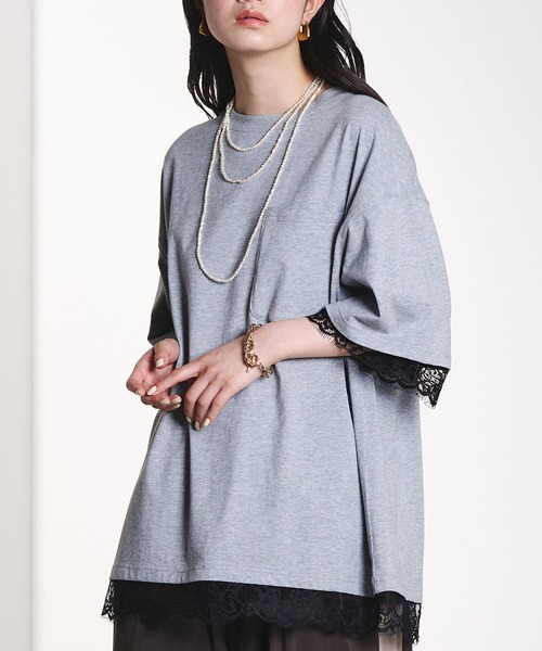 ROSE BUD(ローズバッド)の「LACE DOCKING BIG TEE(Tシャツ/カットソー・レディース・ライトグリーン/ホワイト/グレー・ONE SIZE)」の3枚目の写真