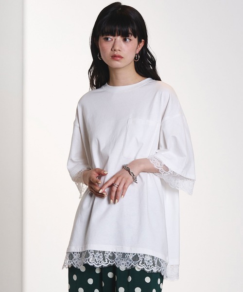 ROSE BUD(ローズバッド)の「LACE DOCKING BIG TEE(Tシャツ/カットソー・レディース・ライトグリーン/ホワイト/グレー・ONE SIZE)」の4枚目の写真