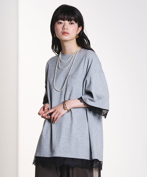 ROSE BUD(ローズバッド)の「LACE DOCKING BIG TEE(Tシャツ/カットソー・レディース・ライトグリーン/ホワイト/グレー・ONE SIZE)」の5枚目の写真