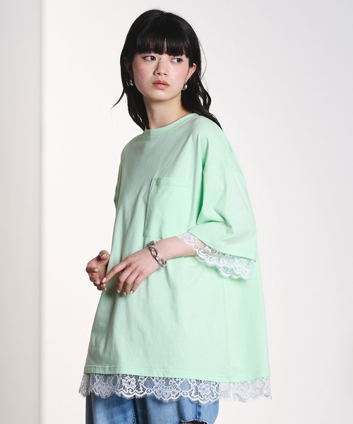 ROSE BUD(ローズバッド)の「LACE DOCKING BIG TEE(Tシャツ/カットソー・レディース・ライトグリーン/ホワイト/グレー・ONE SIZE)」の6枚目の写真