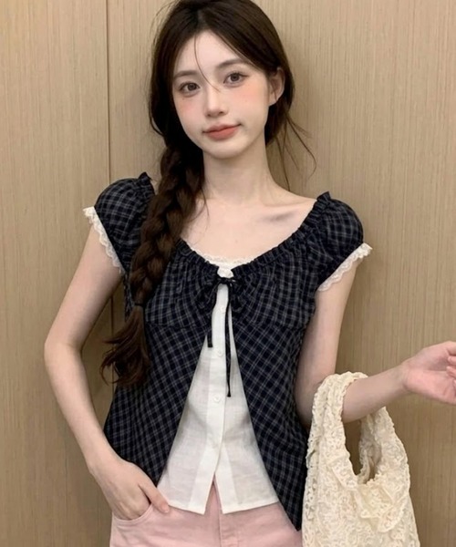 AVYL（アヴィル）の「フロントリボンギンガムチェック半袖ブラウス（シャツ/ブラウス・レディース・ブルー/アイボリー/ブラック/グレー/ブラウン・M）」の9枚目の写真