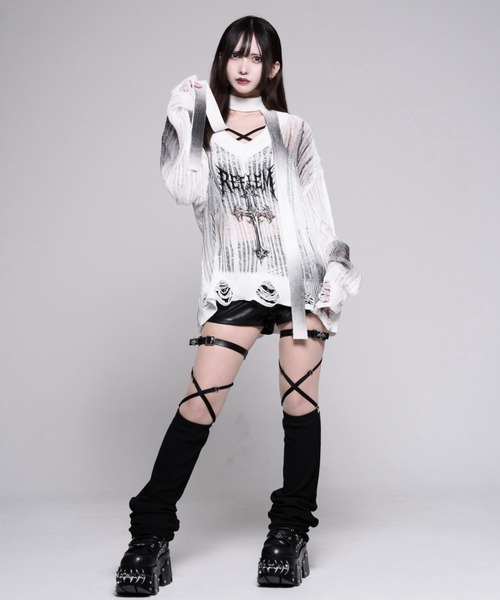 REFLEM（レフレム）の「『REFLEM/レフレム』ストール付き顔料加工ダメージニットPO（ニット/セーター・レディース・ブラック/ホワイト・FREE）」の20枚目の写真