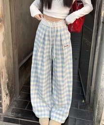 レースウエスト紐付きドレープチェックワイドカジュアルパンツ