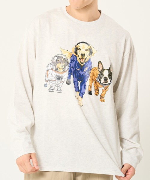 CORISCO（コリスコ）の「スペースアニマル柄ロンTEE(M1)（Tシャツ/カットソー・メンズ・グレー系1/キナリ/ホワイト系1/ブラック系2/ブラック系1/オートミール/ホワイト系2/グレー系2・X-LARGE/LARGE/MEDIUM）」の2枚目の写真