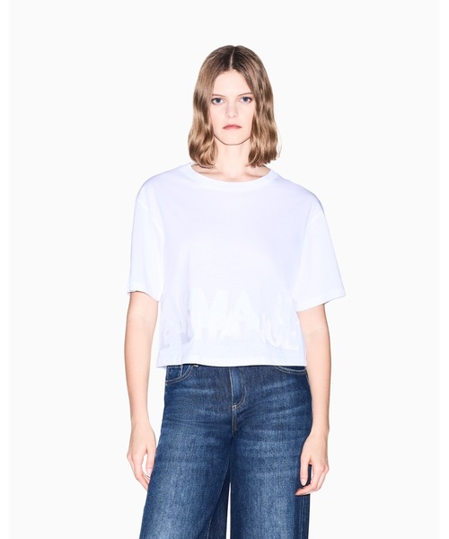 ARMANI EXCHANGE(アルマーニエクスチェンジ)の「【A|X アルマーニ エクスチェンジ】デュアルロゴ 半袖クルーネックTシャツ/CROPPED(Tシャツ/カットソー・レディース・ブラック/ホワイト・LARGE/MEDIUM/SMALL/X-LARGE/X-SMALL)」の1枚目の写真
