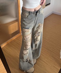 ダメージデニムワイドパンツ韓国風ジーンズ