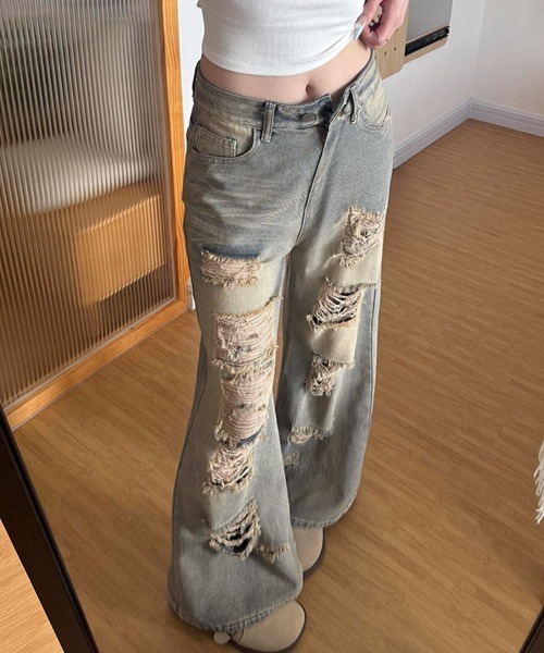 Miniministore(ミニミニストア)の「ダメージデニムワイドパンツ韓国風ジーンズ(デニムパンツ・レディース・ブルーグレー・XL/L/M/S)」の1枚目の写真