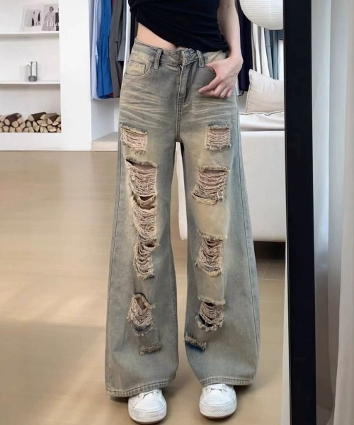 Miniministore(ミニミニストア)の「ダメージデニムワイドパンツ韓国風ジーンズ(デニムパンツ・レディース・ブルーグレー・XL/L/M/S)」の14枚目の写真