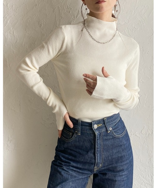 She's Closet(シーズクローゼット)の「サムホール 指穴 ハイネック タイト 長袖 リブニット(ニット/セーター・レディース・杢グレー/アイボリー・FREE)」の15枚目の写真